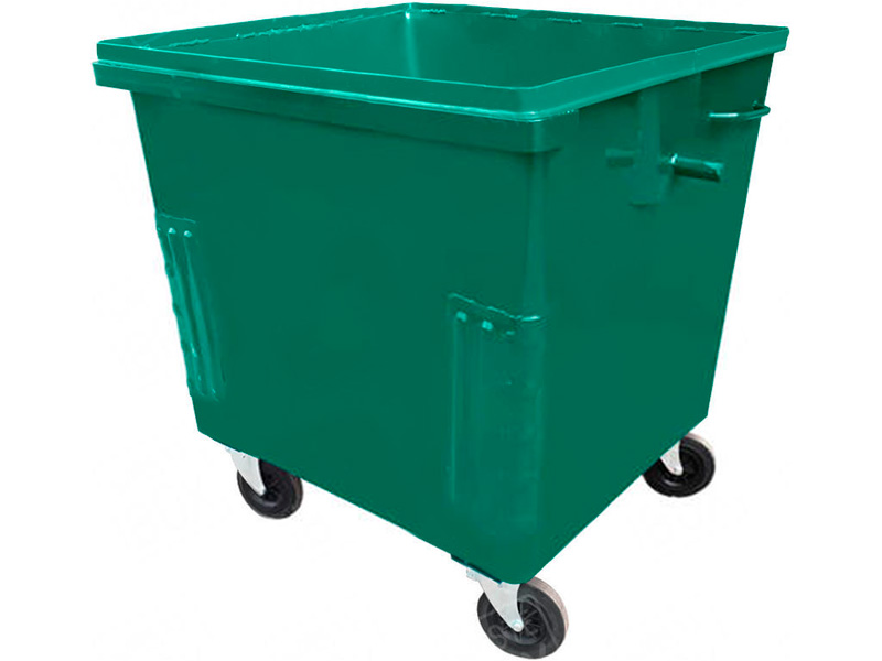 Контейнер металлический для строительного мусора КТБО 1,1 б/к  без крышки на колёсах зелёный на 1100 литров для ТБО
