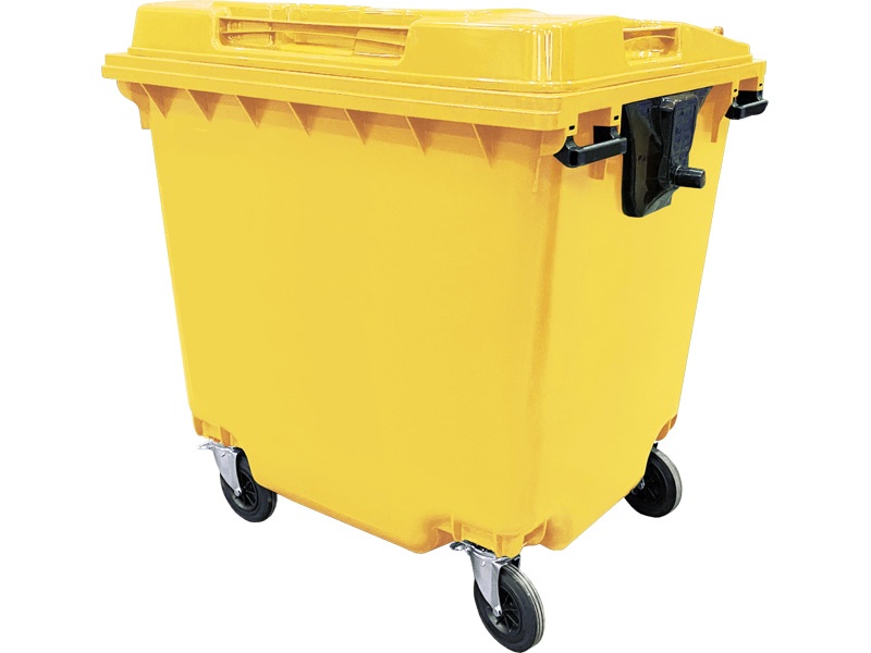 Мусорный контейнер п/э на колёсах цв. зелёный (Мусорный контейнер п/э на колесах цв. жёлтый) МКТ-1100 желтый 1375x1085x1355 мм Полиэтилен низкого давления (HDPE) 1100 л
