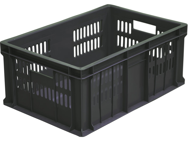 Ящик пищевой 201-1 пластиковый 600х400х250 мм для хранения и перевозки колбасных изделий и мяса дно сплошное перфорированный чёрный