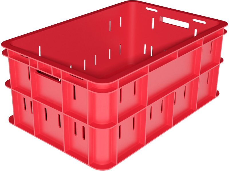 Ящик пищевой 202 размером 600х400х258 мм 3,2 кг продольная перфорация красный